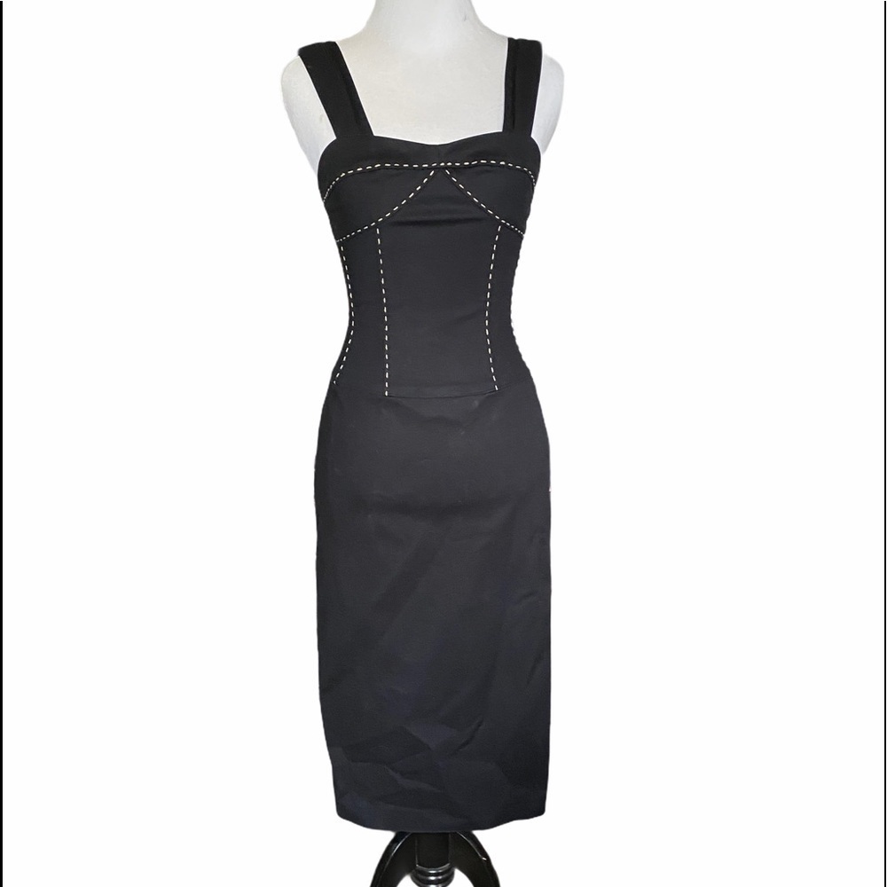 Abaeté Black Bodycon Midi Dress Sz 2 Princess Seam Contrast Stitch Corset Sheath